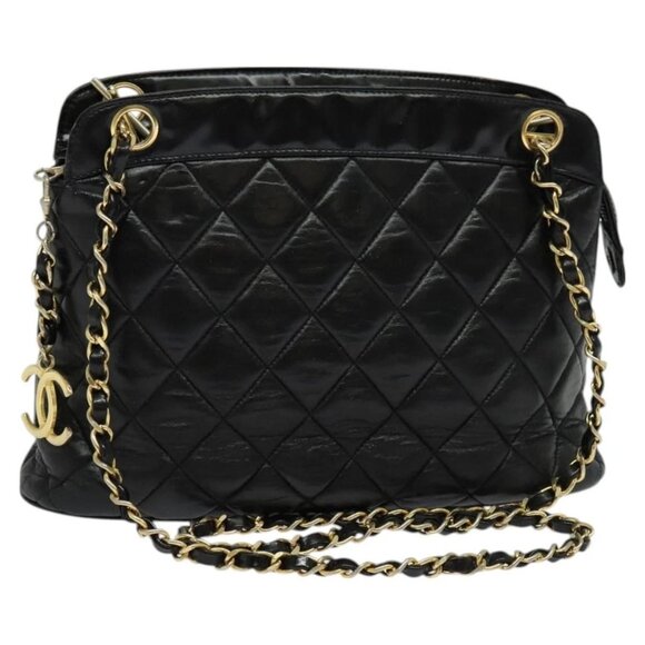CHANEL Matelasse Chain Shoulder Bag Lamb Skin Black Gold CC Auth bs26776 - Picture 1 of 16